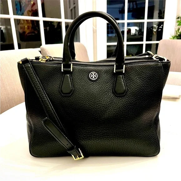 Tory Burch Black pebbled Leather Tote Bag with remov crossbody strap and dusty - Picture 3 of 10